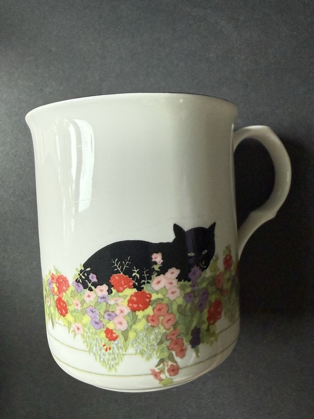 Sue Boettcher Black Cat Flower Box Bone China Coffee Mug Staffordshire 1980s